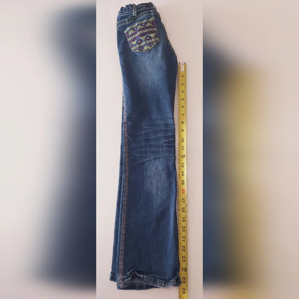 Cowgirl Tuff Girls Jeans Adjustable Waist Elastic Aztec Reboot Embroidered Sz 8 - Picture 9 of 9